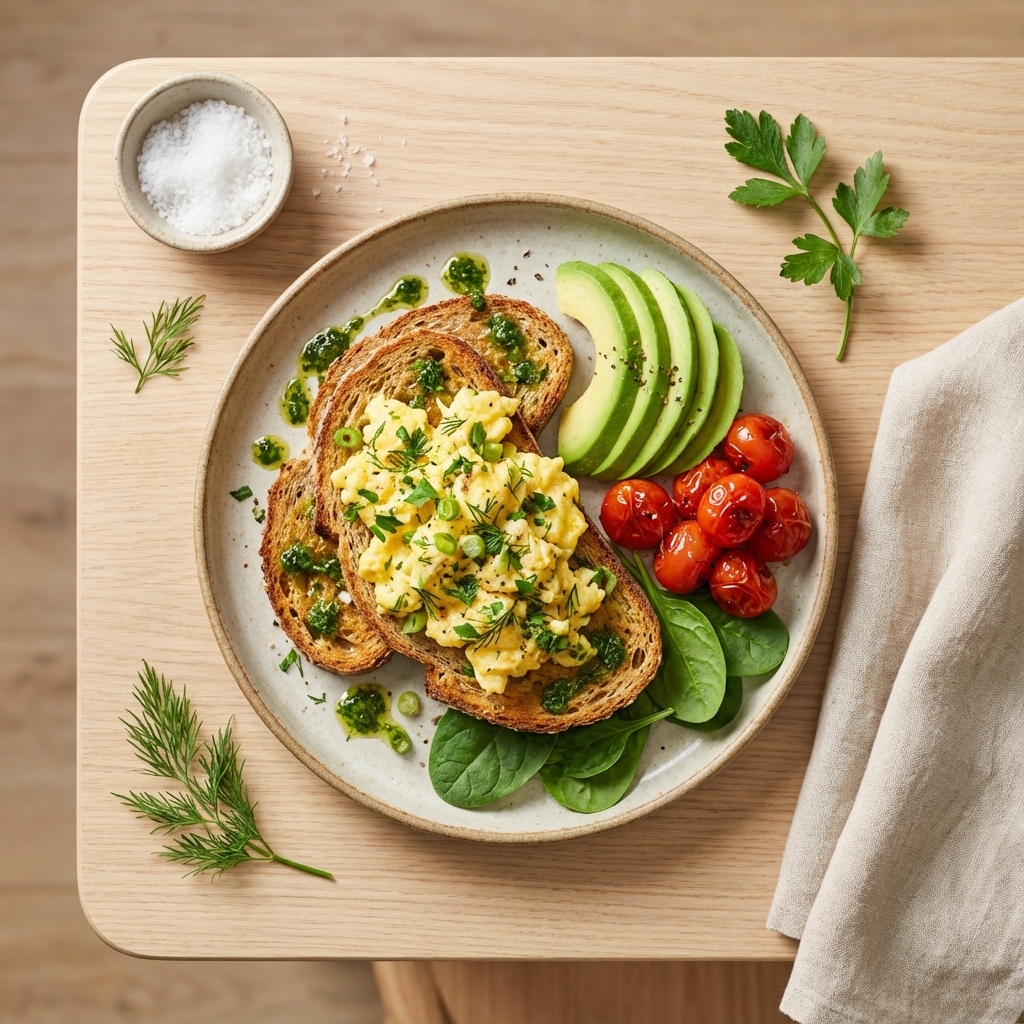 Green Herb Eggs on Sprouted Toast