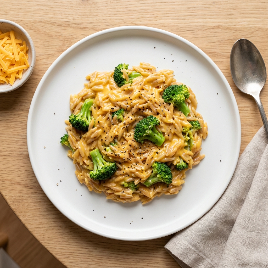 Creamy Whole Wheat Broccoli Cheddar Orzo