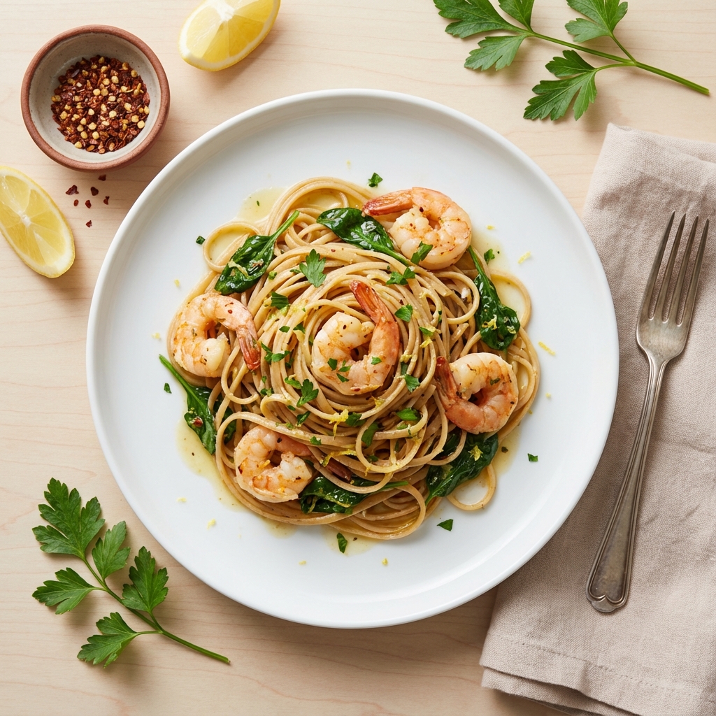 Garlic Lemon Shrimp with Whole Wheat Linguine