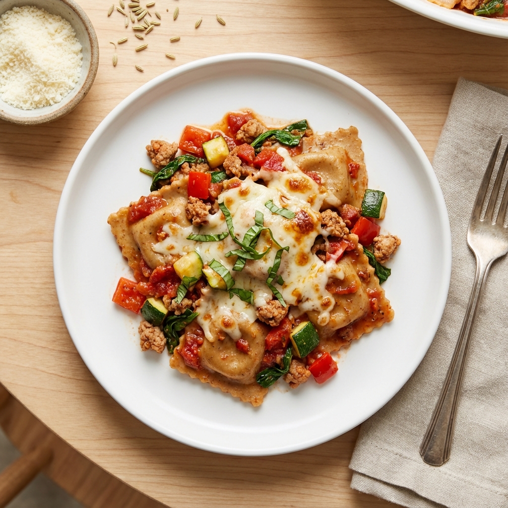 Garden Vegetable & Turkey Ravioli Bake