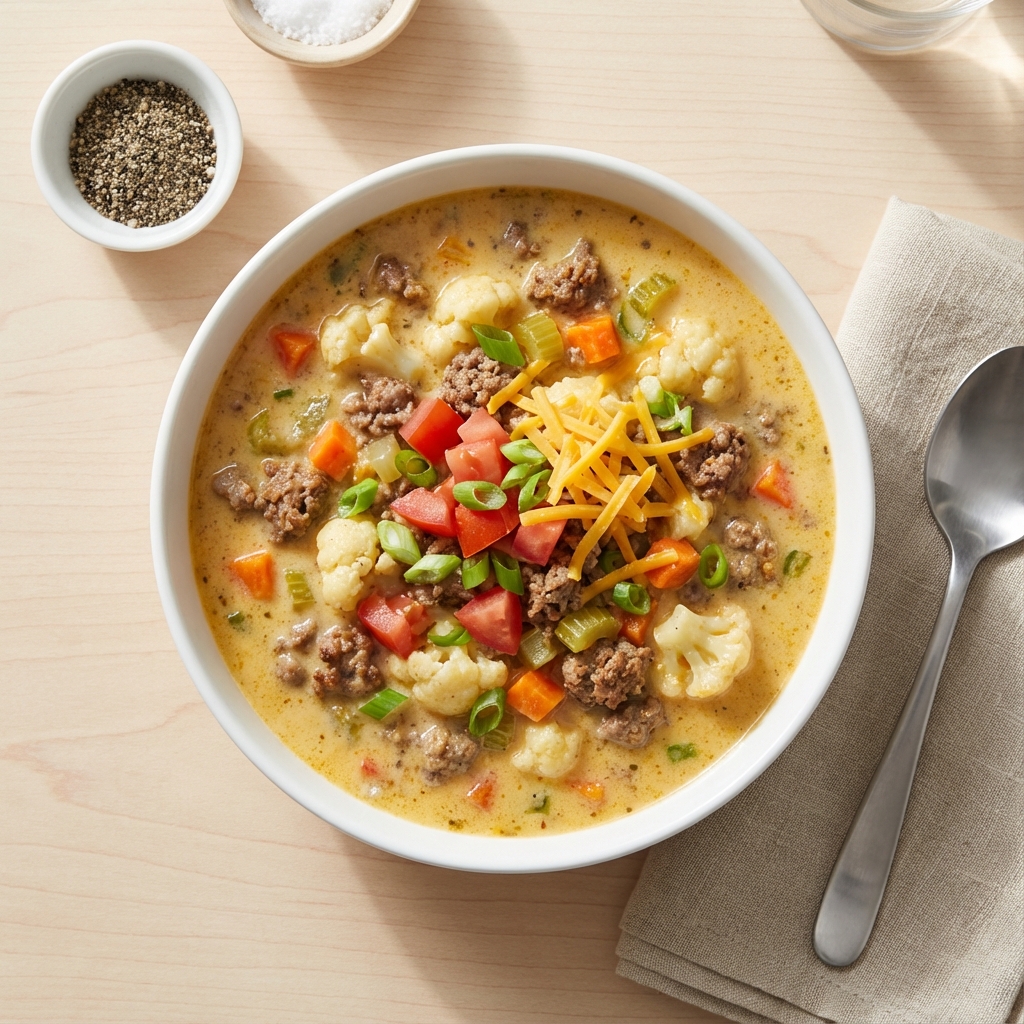 Lean Beef and Cauliflower Cheeseburger Soup