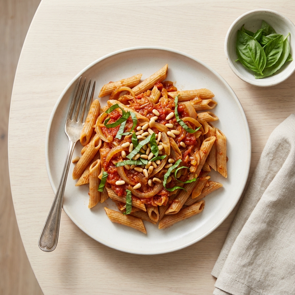 Whole Wheat Pasta with Caramelized Onion and Tomato Sauce