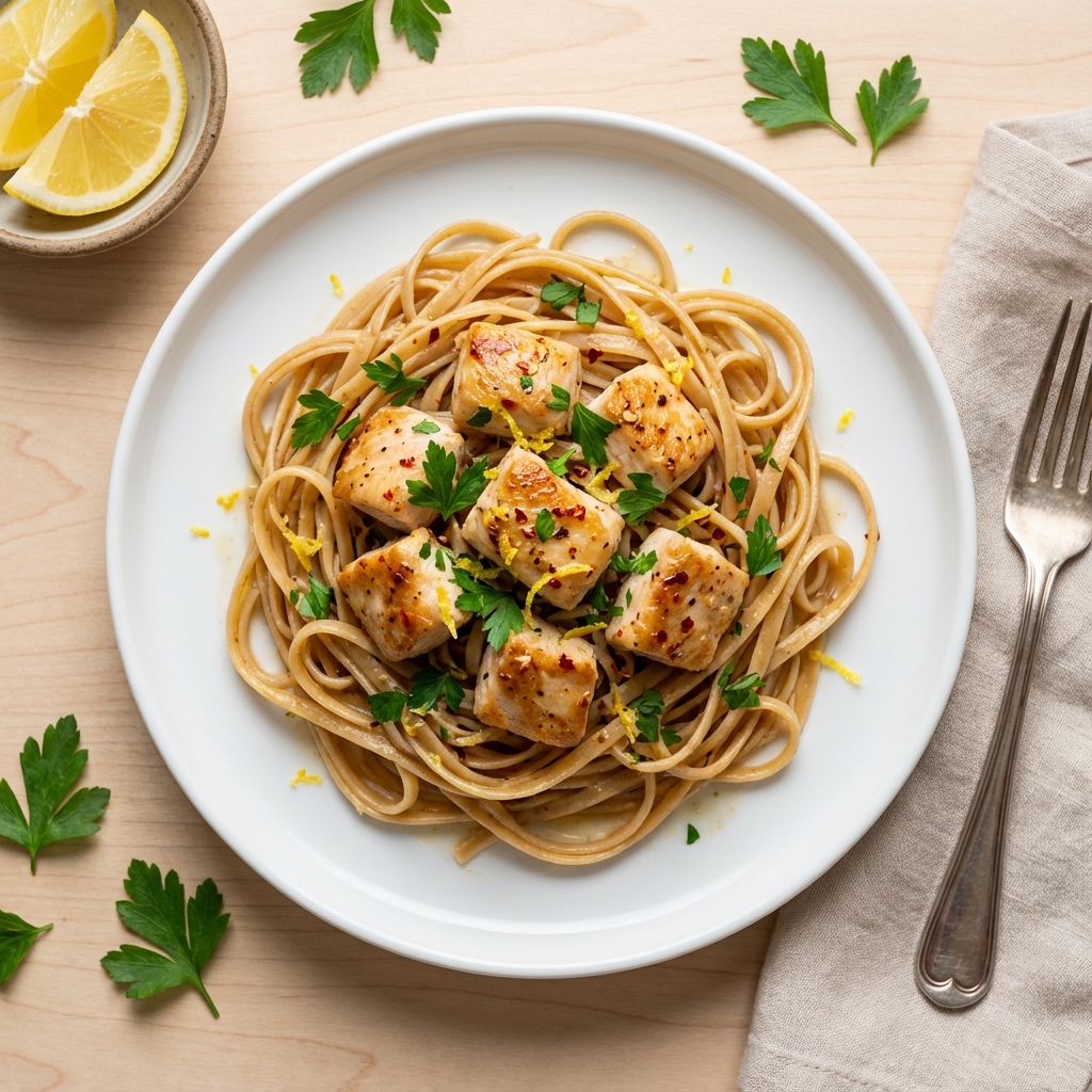 Lemon Garlic Chicken with Whole Wheat Linguine