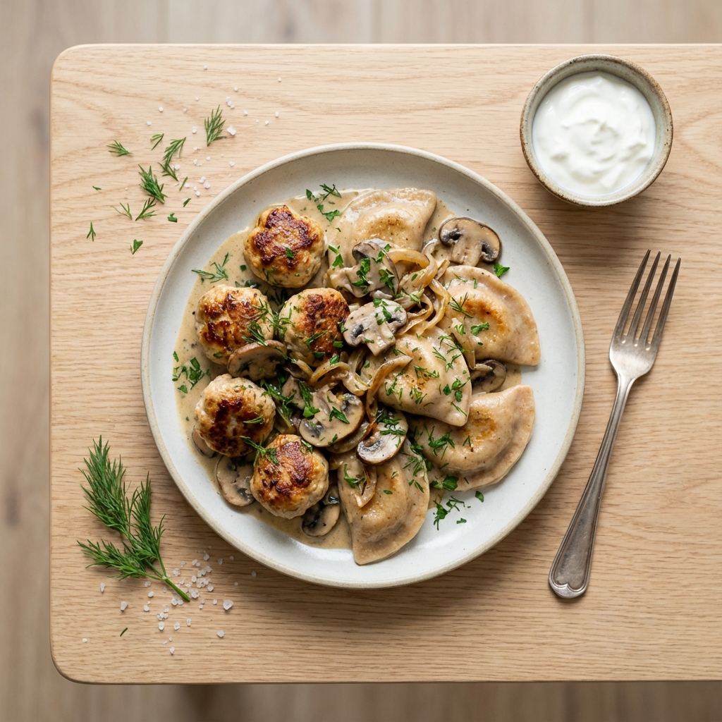 Skillet Pierogi with Turkey Meatballs and Mushroom Cream