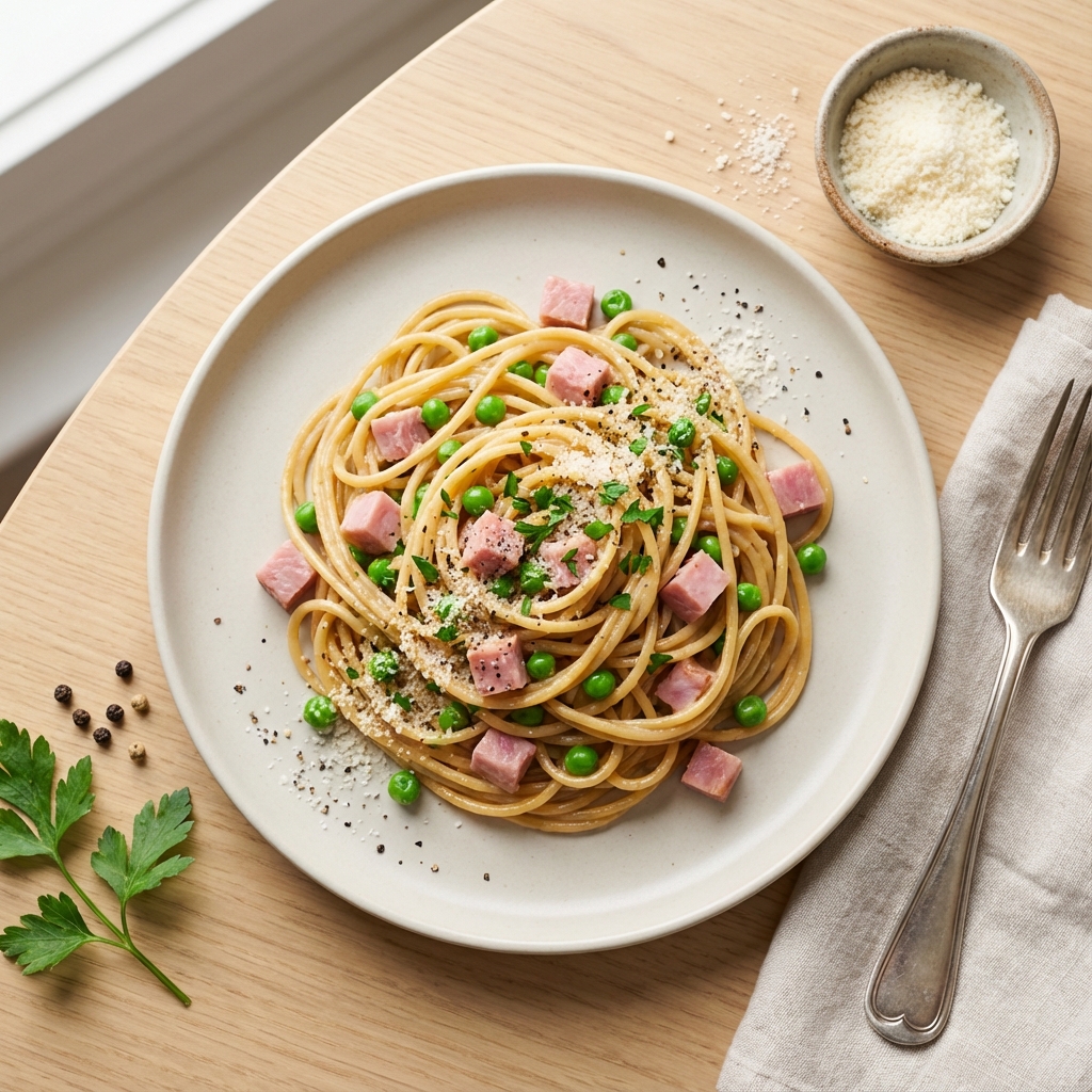 Whole Wheat Ham and Pea Carbonara