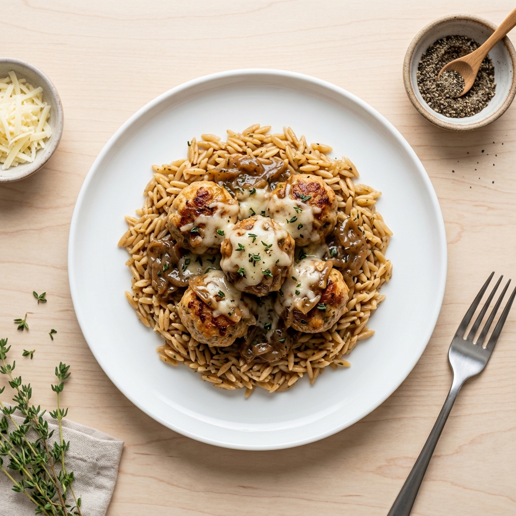 French Onion Turkey Meatballs with Whole Wheat Orzo photo 1