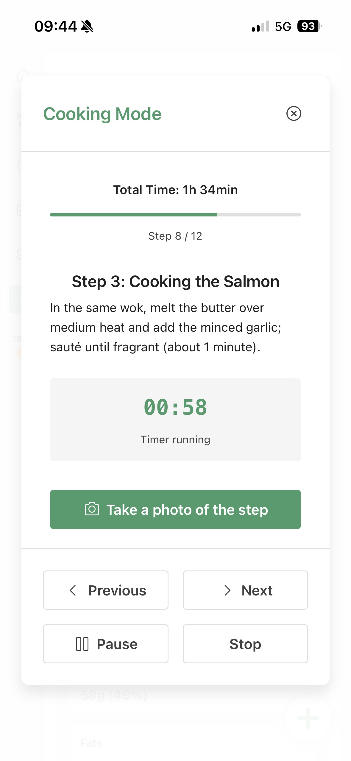 Cook Mode step interface with timer and photo capture