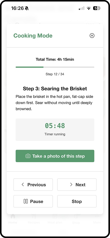 Kale AI app screenshot showing cook mode