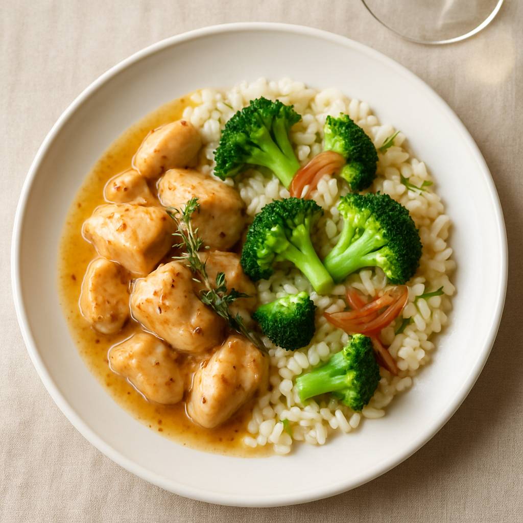 Chicken Fricassée with Broccoli & Shallot Rice